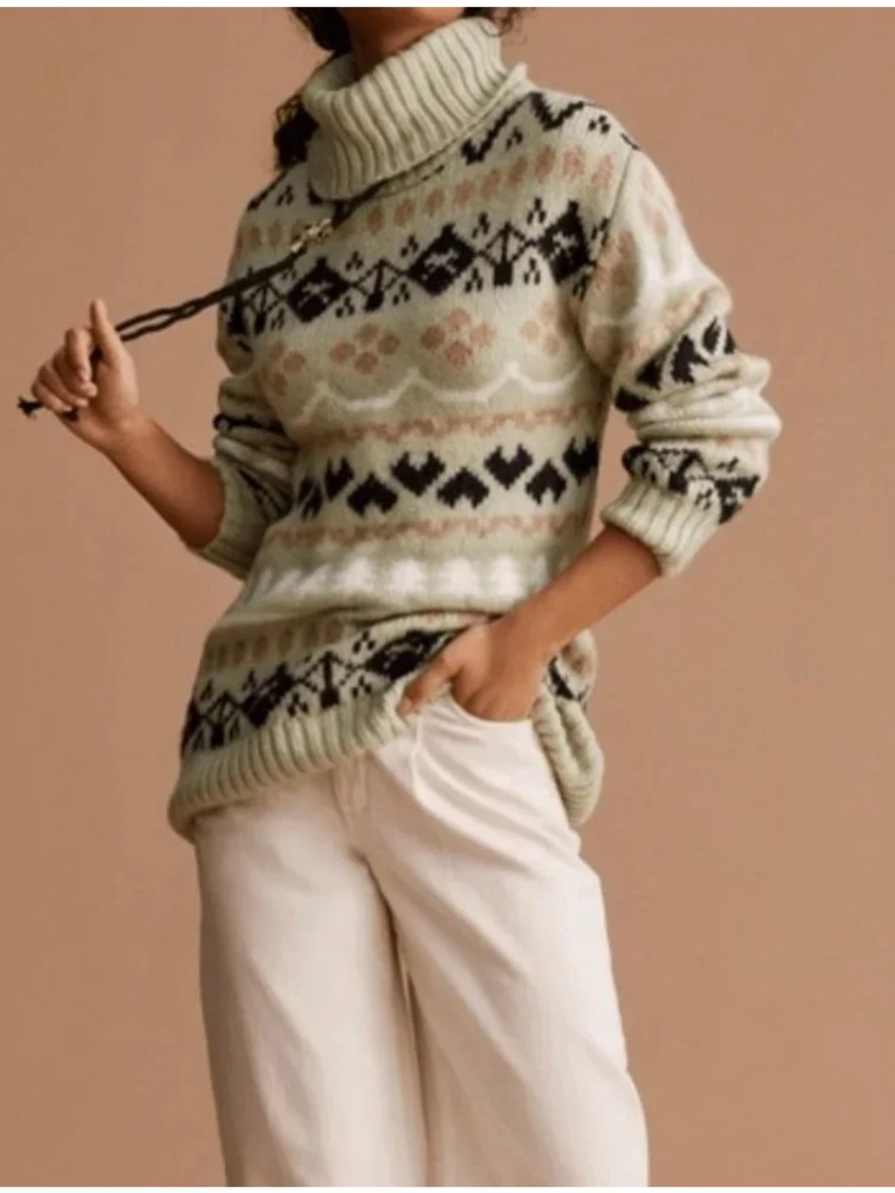 Anthropologie Fair Isle Oversized Turtleneck Sweater in Green